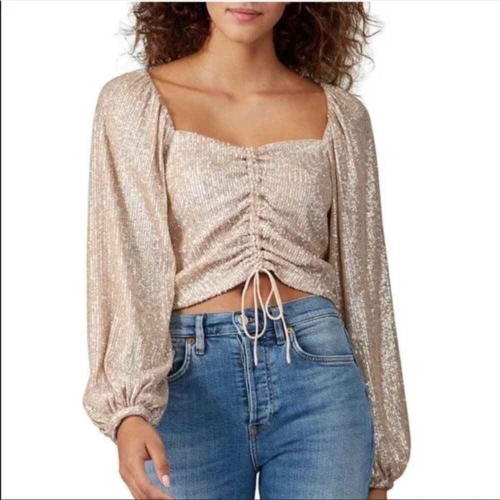 Jonathan SIMKHAI Blouse Luxe Champagne Sequin Ruched front Crop top Puff Sleeve